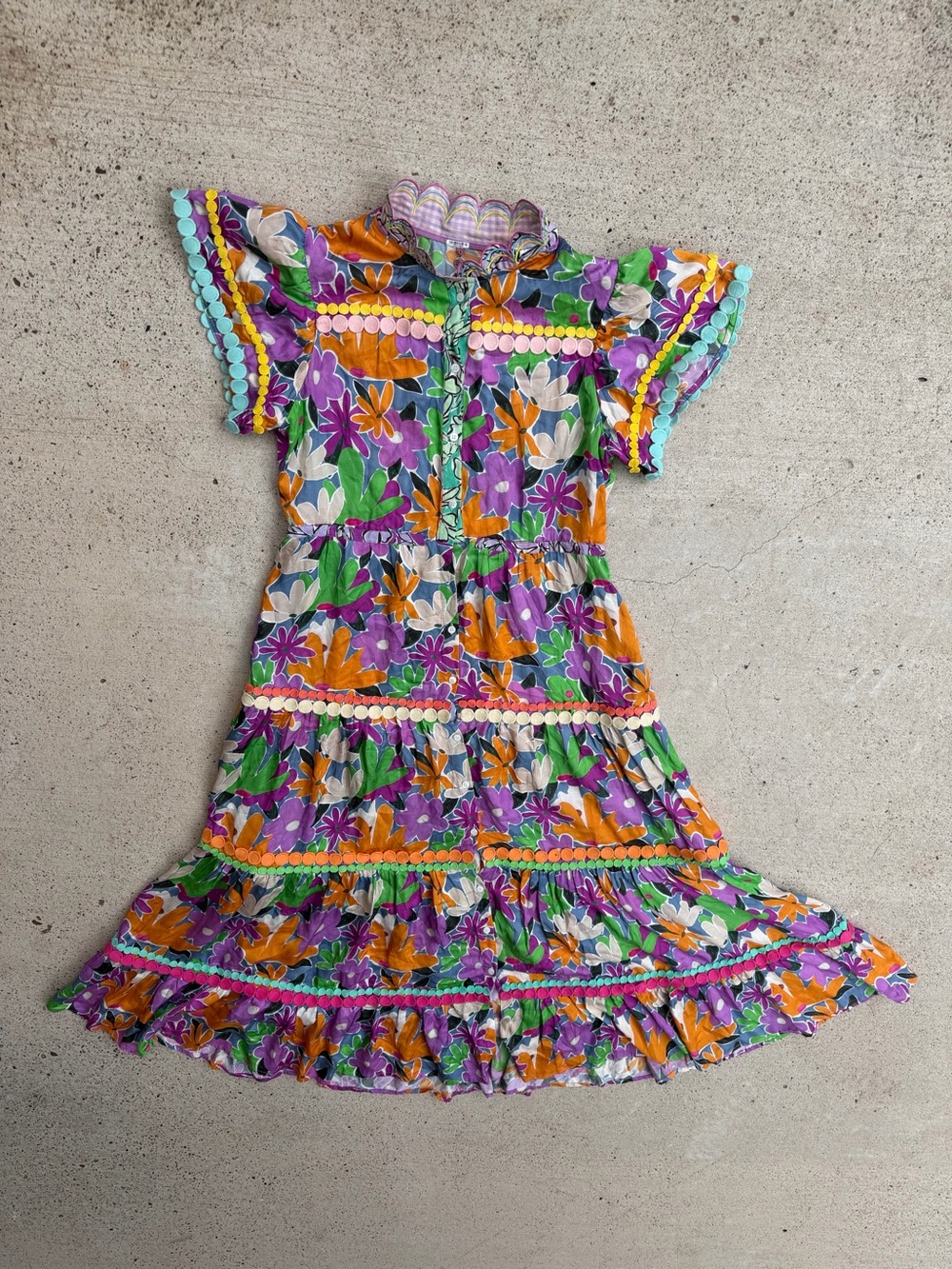 CeliaB Aneeta Floral Tiered Midi Dress Scalloped Ruffle Pom Pom Rickrack Sz L
